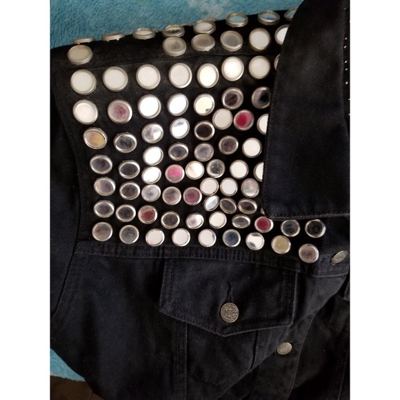 Vintage 80s PUNK Atomic Space Age MOD Black Denim Jacket Studded w/Mirrors wOw! - Picture 13 of 14